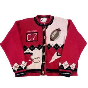 Christopher & Banks Wisconsin Football Cardigan Sweater Red Argyle Womens Medium